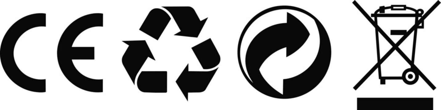 CE Mark, Recycling Symbol, Green Dot Symbol and WEEE Symbol (Wheelie Bin) Symbol vector