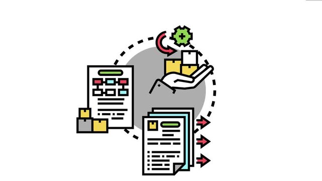 Autonomous purchasing request system automated inventory management, procurement, and supply chain processes with documents, packages, and a hand handling items under a gear icon