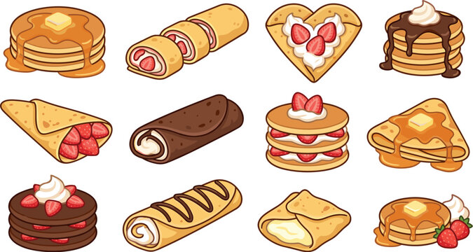Cute cartoon pancake and crepe vector set featuring strawberry cream rolls stacks with chocolate drizzle and honey syrup