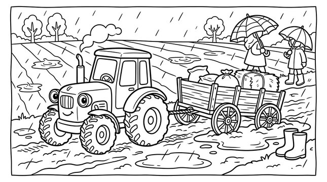 Two children with umbrellas walking through a muddy farm field with a smiling tractor pulling a wagon full of hay and sacks in the rain