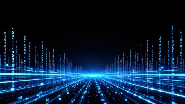 Binary code and data stream flow through digital space for high speed network and artificial intelligence
