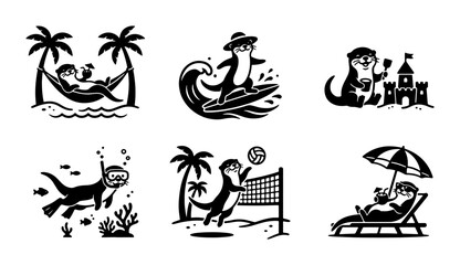 Obraz premium Cute Otter Beach Vacation Set, Summer Holiday Icons, Tropical Palm Trees, Ocean Waves, Snorkeling, Volleyball, Hammock, Sunbathing, Sandcastle Fun