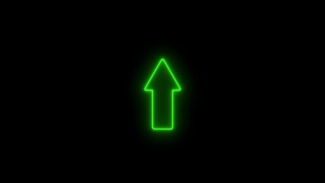 Neon glowing line Up direction animated arrow on black background .Animation of sweep arrow icon, upward and transparent swipe up pointing arrow icon.