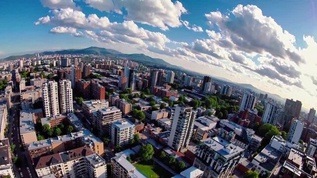 Elevated panoramic view of a bustling city with highrise buildings under a bright sky, beautiful cityscape featuring modern urban development, vibrant metropolis enjoying sunny weather outdoors