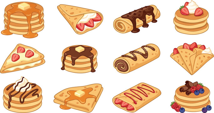 Delicious pancake and crepe vector illustration set featuring dessert stacks rolls with chocolate syrup strawberries and blueberries