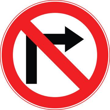 Vector illustration of a no right turn traffic sign. This red circular prohibition symbol warns drivers. Perfect for road safety and street regulation designs.