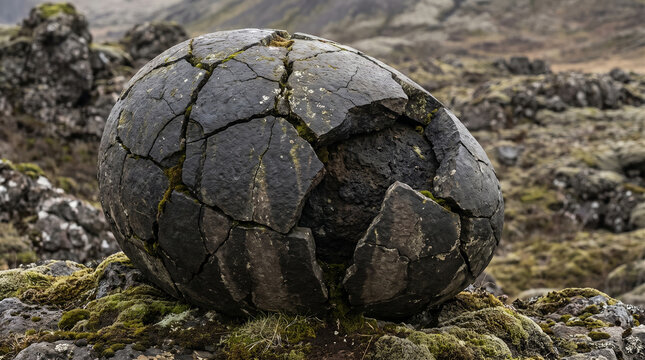 Cracked volcanic egg in a mossy landscape, natural geological stone texture.