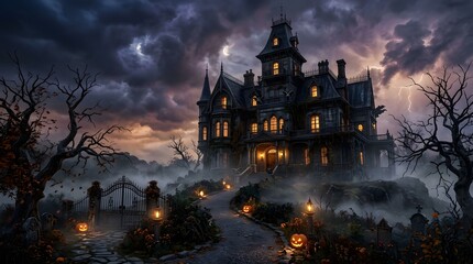 Obraz premium A dramatic collage featuring a haunted house spooky trees and ominous stormy skies perfect for halloween themed designs