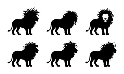 Obraz premium Six Silhouette Lion Vector Icons, Majestic King of Beasts, Wild Animal Graphics, African Wildlife Collection, Powerful Predator Poses, Graphic Design Elements