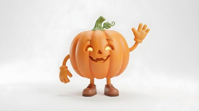 Cute 3d cartoon pumpkin character waving hello isolated on white background