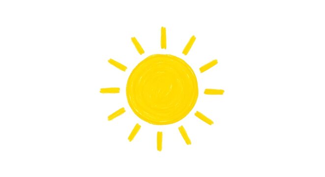 Simple yellow hand drawn sun illustration isolated icon with a minimalist