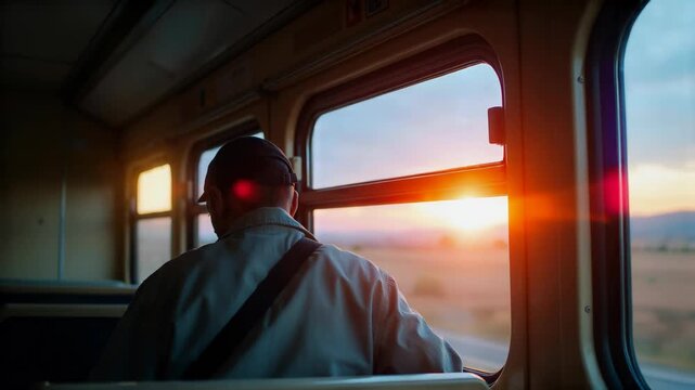 Man Gazing Out Train Window at Sunset during Journey Through Rural Landscape Cinematic Travel Concept