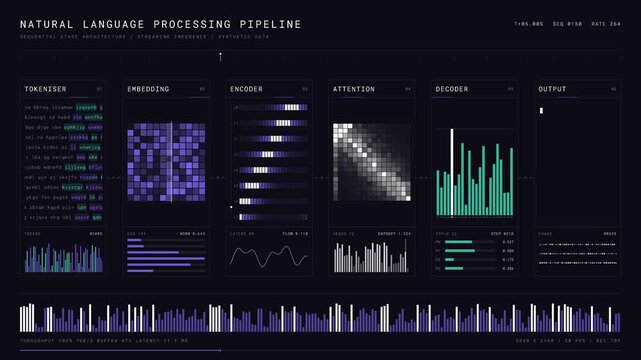 Explore the intricate AI Natural Language Processing Pipeline Dashboard showcasing the stages of data processing with dynamic visualizations and animated flow lines.