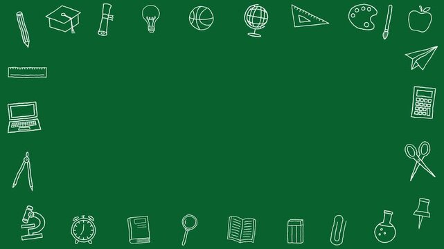 Green Chalkboard Background with School Supply Doodle Frame and Copy Space Loop