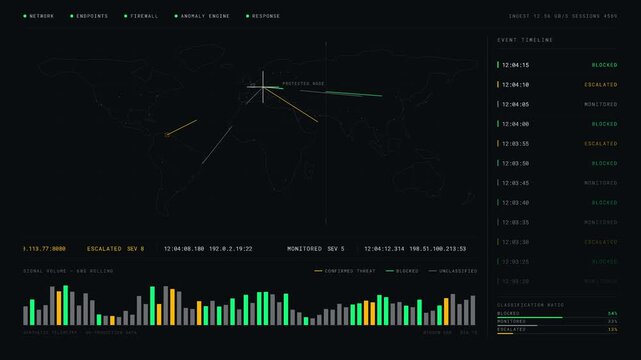 A sophisticated cybersecurity AI threat intelligence dashboard featuring a dark interface with real-time data visualization and status indicators for network monitoring and threat detection.