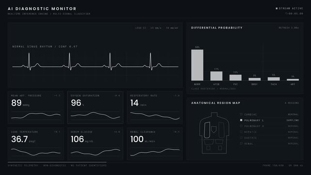 A sleek and modern healthcare AI diagnostic data dashboard featuring animated ECG waveforms, biometric values, and probability bars on a deep background, ideal for medical technology applications.