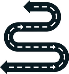 Fototapeta premium Winding road graphic icon with white dashed lane markings showing a conceptual navigation path for travelers on white background