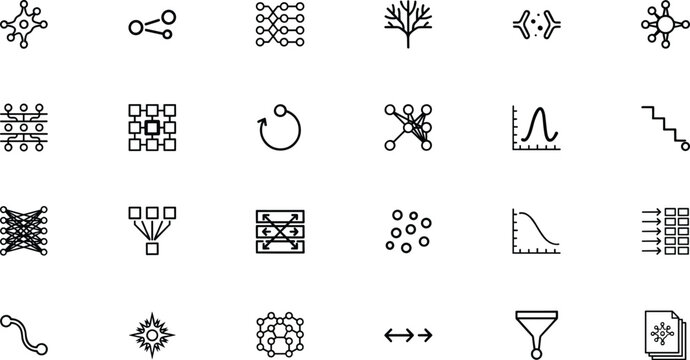 Machine learning icons black line art set for artificial intelligence dev