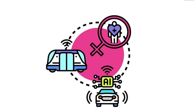 Autonomy concept showing self driving car and train with ai icons and symbols for personal freedom, healthcare choice and connected digital mobility in a modern society