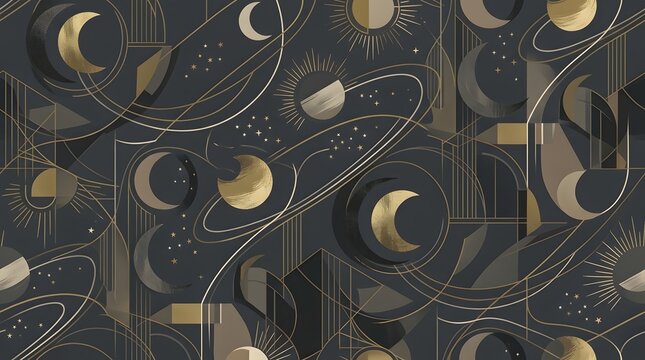 Seamless celestial pattern with gold moon phases and stars on dark background