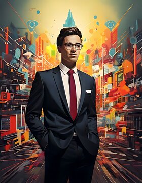 Professional man in suit standing in vibrant abstract urban city.