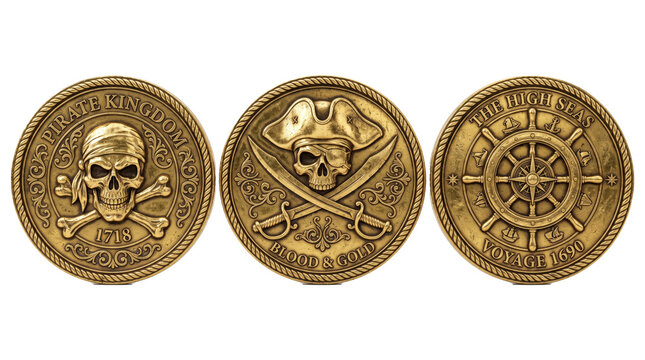 Three Antique Pirate Gold Coins With Skulls.