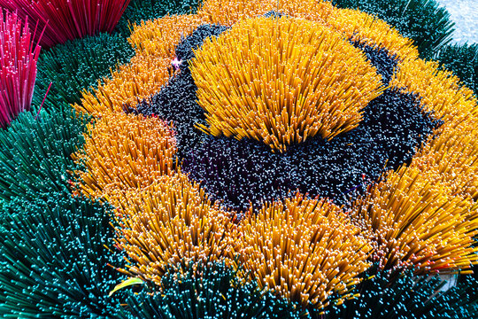 Colorful display of incense sticks arranged in artistic patterns for cultural and spiritual practices in Vietnam - horizontal
