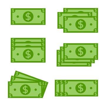 set of rectangle green dollar banknote icon isolated on white background.