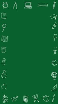 Green Chalkboard Background with School Supply Doodle Frame and Copy Space Loop