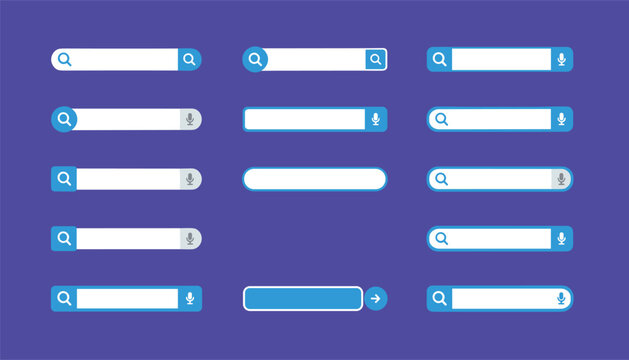 Various styles of search bar user interface elements in blue and white colors arranged on a dark blue background.