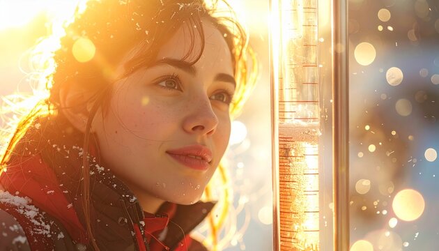 Portrait of a thoughtful young woman looking at a glass thermometer in winter with bright sunlight