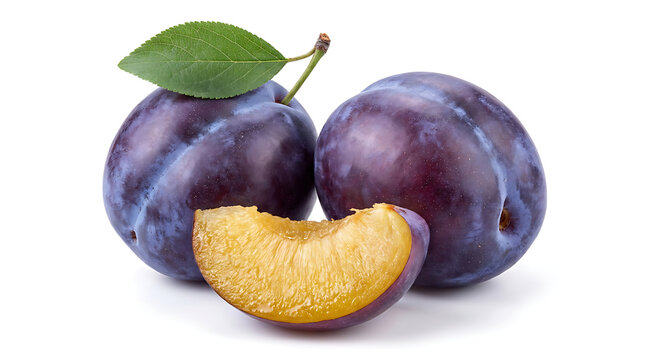 Two whole plums and one slice with leaf fruit fresh