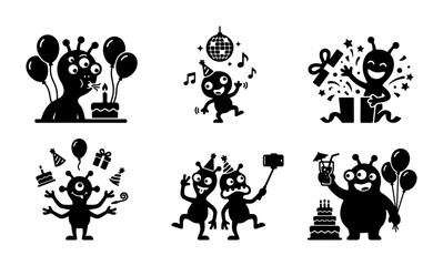 Alien Birthday Party Icons, Festive Monster Celebration Graphics, Fun Extraterrestrial Event Vector Set, Black and White Celebration Elements © Mina