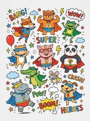 Naklejka premium Cute Cartoon Superhero Animals Collection with Comic Sound Effects and Doodles for Kids Illustration