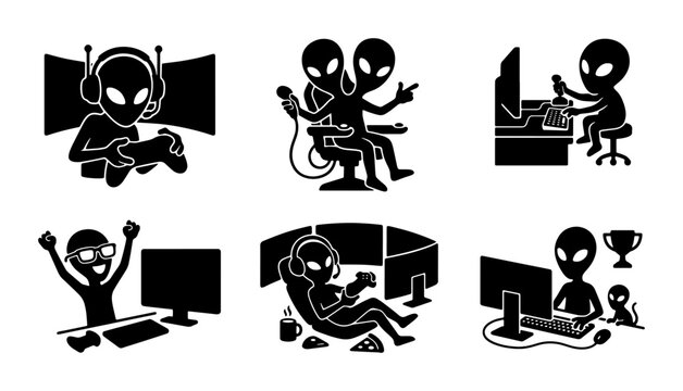 Alien Gamers Set, Sci-Fi Characters Playing Video Games, Futuristic Entertainment Icons, Vector Graphics for Gaming Culture