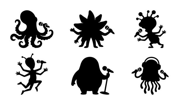 Whimsical Silhouette Monsters Singing, 6 Unique Alien Characters with Microphones, Fun Cartoon Creatures Vector Set