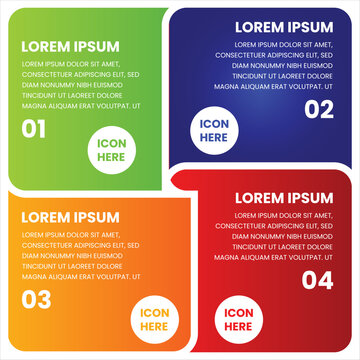 Four Color Business Infographic Template with Numbered Panels and Icon Based Information Sections