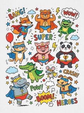Cute Cartoon Superhero Animals Collection with Comic Sound Effects and Doodles for Kids Illustration