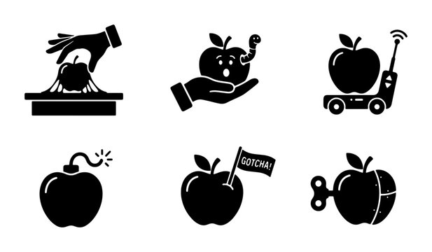 Vector Icons: Six Playful Apple Concepts, Food & Technology Mashups, Humorous Fruit Illustrations, Simple Black Graphics