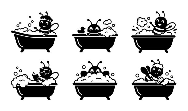 Cute Bee Bath Time Vector Icons Set, Adorable Insect Characters Enjoying Bubble Baths, Playful Bathtub Scenes for Kids and Baby Products