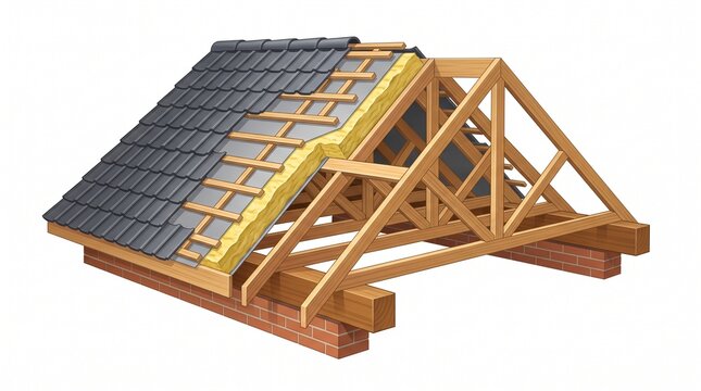 Cutaway illustration of a gable roof. Shows wooden trusses, brick wall plate, insulation, underlay, battens, and dark tile roofing layers.