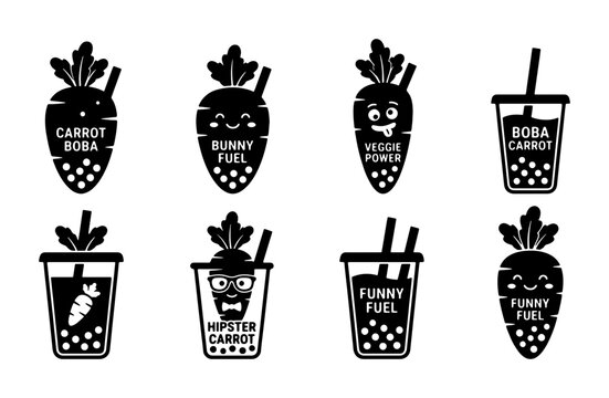 Funny Carrot Boba Tea & Veggie Fuel Icons, Cute Kawaii Drink Characters, Black and White Vector Set for Food and Beverage Branding