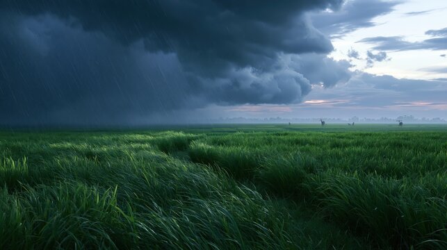 Storm clouds gathering over a windswept green meadow during twilight with dramatic lighting and a sense of impending change