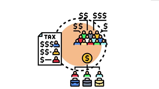 Individual people receiving and contributing varying amounts of money and paying taxes, representing the average income per person and economic distribution within a population