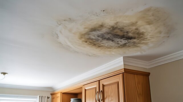 Large water damage stain on a white residential ceiling above wooden kitchen cabinets showing signs of moisture leakage and structural home decay