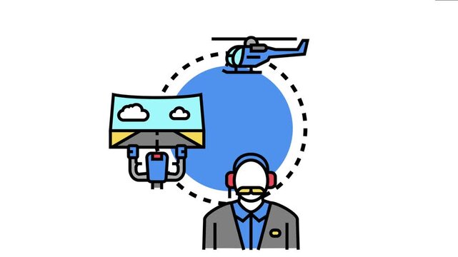 Vector depicting an aviation professional offering luxurious aircraft charter services. Featuring a helicopter in flight and a pilot navigating a simulated sky view with advanced controls