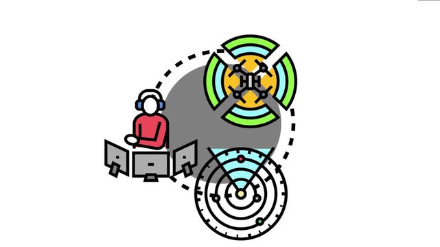 Air traffic controller monitoring multiple screens and radar displays, ensuring safe and controlled flight operations and managing drone activity within designated airspace