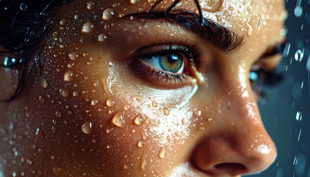 Close-up portrait of a woman's face covered in glistening water droplets under the shower