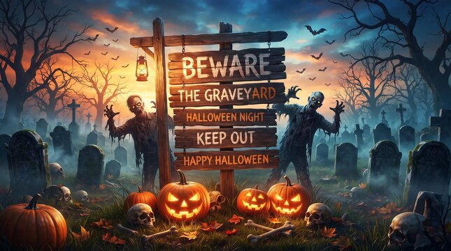 Spooky halloween graveyard scene with wooden warning sign zombies and glowing pumpkins