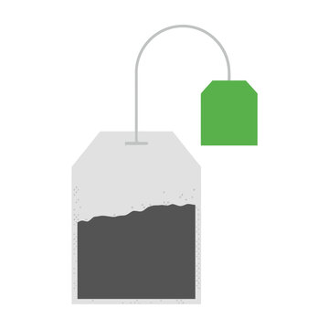 Tea bag with green tag and string on white background for infographic
